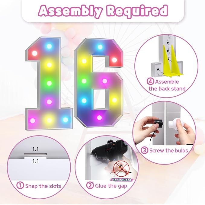 Marquee Numbers 16th Birthday Decoration: Colorful 3FT Large Light Up Sweet 16 Year Old Birthday Decorations Anniversary Backdrop Cardboard Sign 18 Colors Number 16 Mosaic Balloon Frame
