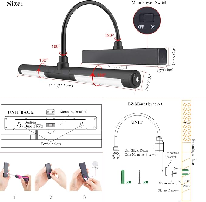 BIGMONAT Rechargeable Picture Light for Paintings with Remote, Battery Operated Dartboard Light, Wireless Art Light, Dimmable Display Lamp for Wall Photo Artwork Gallery Portrait