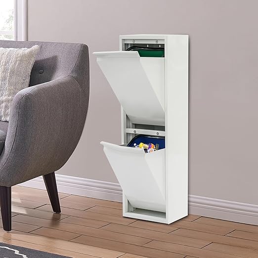 Recycling Trash Cabinet with 2 Bins & Tilt-Out Door – 15-Gallon Stainless Steel Organizer for Kitchen, Garage – Dual Waste Sorting System for Homeowners (White)