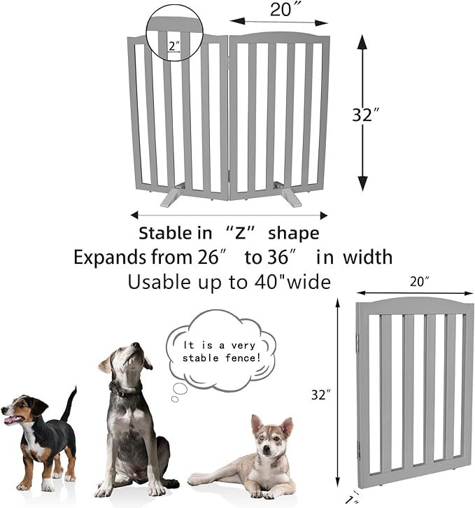 Freestanding Dog Gate Indoor,Doggie Gate Foldable Pet Gates for Doorways,Stairs or Hallways, Wooden Grey Pet Gate for The House, Pet Fence with Support Feet Included,32 "Height-2 Panels
