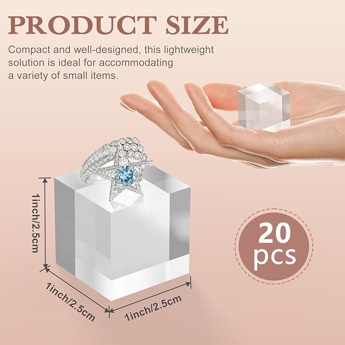 Acrylic Base 20 Pieces Acrylic Blocks for Display 1 X 1 X 1 Inch Square Riser Display Stands Trophy Base Pedestal Stands Clear Cube for Trophy Jewelry Props Food Party Crafts