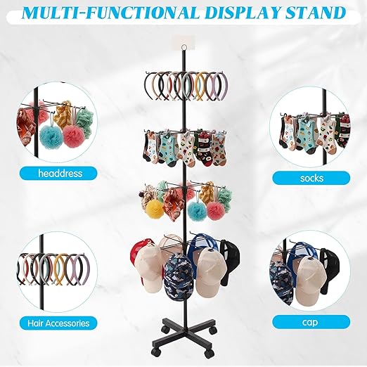 Ripeng 2 Pcs 4‑Tier Retail Display Stand – Rotating Display Rack with Wheels for Jewelry Keychains Socks Hats – Adjustable Movable Shop Spinner for Craft Shows Vendor Events & Stores Accessories,Black