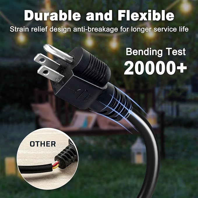 2FT 2 Pack 12 Gauge 3 Outlet Outdoor Extension Cord 12/3 Heavy Duty SJTW Power Cord 3 Way Waterproof Power Cable 3 Prong Grounded 12AWG 15Amp 1875W ETL Listed