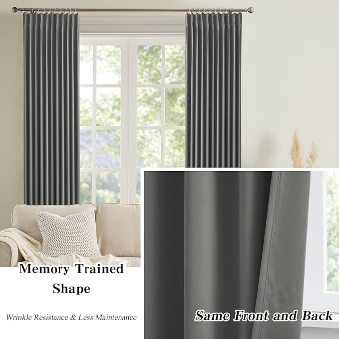 KEQIAOSUOCAI Extra Wide Blackout Curtains 102 Inches Long, Pinch Pleated Curtain for Sliding Door/French Door Room Divider Panels for Living Room 100 Inch Width 100x102 Grey