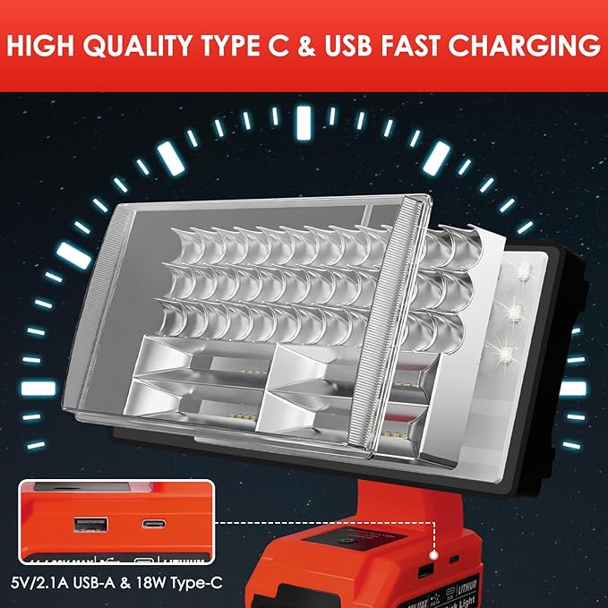40W 4200LM Cordless LED Work Light Compatible with Milwaukee 18V Li-Ion Battery with 3 Lighting Modes USB Port Ideal for Job Site, Camping,Hiking,Indoor & Outdoor