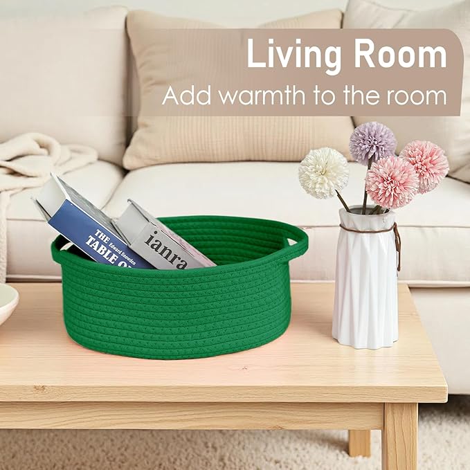 Woven Basket,Small Rope Storage Bin with Handles & Ribbon Bag, Organizer for Shelves Closets,Gift Basket Empty for Birthday,Books,Dog Toys, Green/3 Pack