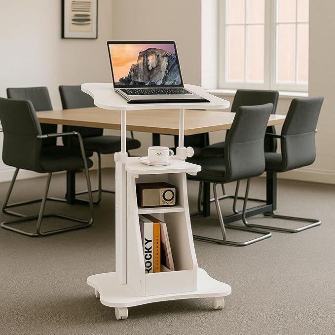 Tangkula Mobile Lectern Podium, Height Adjustable Podium Stand, Standing Sit-to-Stand Desk, Rolling Cart Laptop Desk with Swivel Top Movable Wheels & Storage