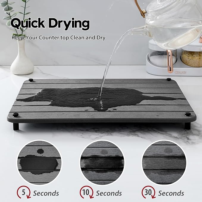 Stone Dish Drying Mat for Kitchen Counter, Water Absorbing Bathroom Tray Sink Organizer, Diatomaceous Earth Countertop Dish Rack Riser Sponge Holder Soap Dish, Dark Gray, 16" x 12"