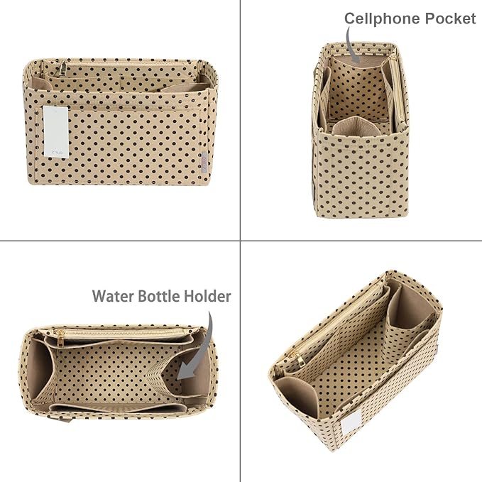ZTUJO Purse Organizer Insert For Handbags, Silky Touching Bag Organizer Insert With Bottle Holder, Perfect for Speedy, Neverfull, Tote,ONTHEGO,Artsy,Handbag and More (Medium, Brown polk dots Beige)