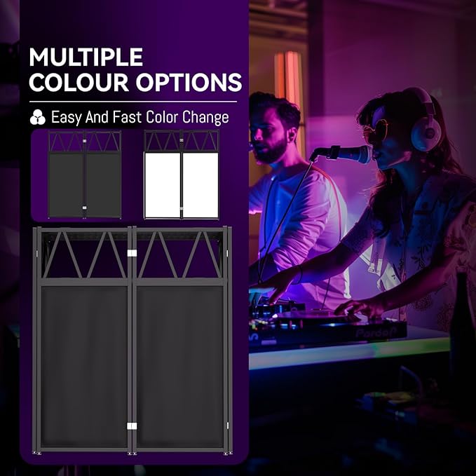 Portable DJ Booth Table,Foldable DJ Table Stand with White & Black Scrim,Adjustable D J Facade Station Metal Frame with Cable Hole for Private Events, Clubs, Bars (Upgrade)
