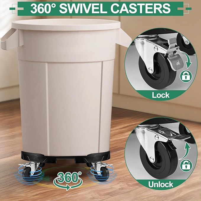 ToLanbbt Trash Can Dolly with 3 in Upgraded Wheels, 15-19 in Adjustable Round Furniture Dolly, Heavy Duty 480 LBS Drum Rolling Base, Keg Dolly for 20, 32, 44, 55 Gallon Garbage Cans, Black, 1 Pack