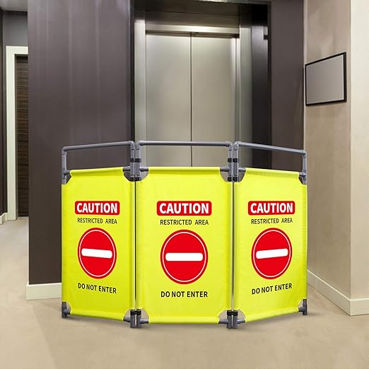 3 Panels Safety Barricade 5.8FT Foldable Security Sign Barrier Gate with Heavy Duty PVC Frame High Visibility Caution Symbol Crowd Control Restricted Area Pedestrian Barricade DO NOT Enter Yellow