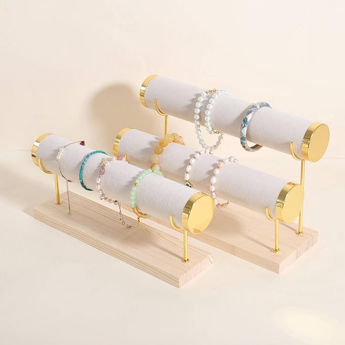 GemeShou Velvet Bangle storage oragenizer for selling,Beige bracelet storage rack for boutique store, Velvet wrap watch holder with wooden base for women girls【Bracelet holder-one tier】