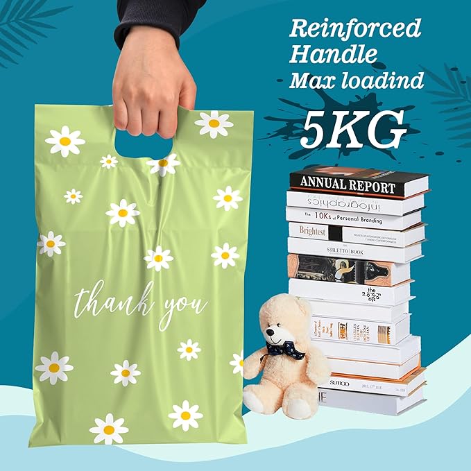 JinRuiKJ Poly Mailers with Handle 14.5x19 Inch 50 Pcs, Easy to Carry Packaging Bags for Small Business, Thank You Shipping Bags with Self Adhesive Strip, Tearproof and Waterproof - Chrysanthemum