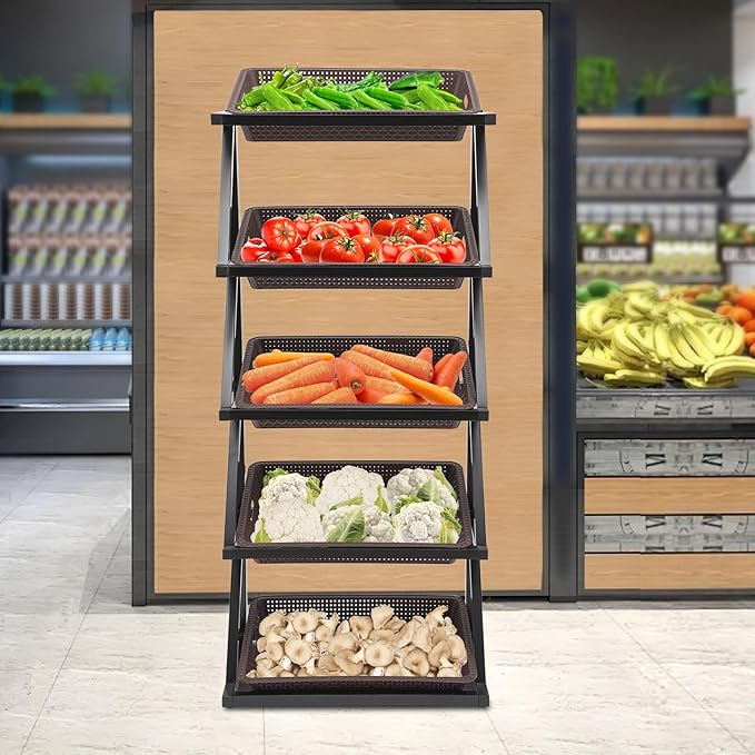 Fruit Vegetable Storage Basket,Kitchen Organizers 5 Tier Basket Stand Storage Baskets Market Shelf for Kitchen Store (Brown)