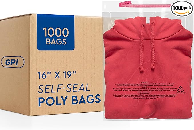 1000 Count - 16" x 19" Extra-Large Self Seal Poly Bags with Suffocation Warning, 1.5 Mil, Clear Polybags with Resealable Adhesive Strip for Shipping & Packaging Clothing, T Shirts & Sweaters. GPI