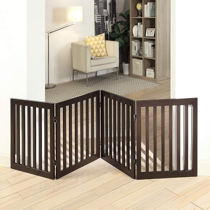 unipaws 24" H Free Standing Pet Gate for Dog Cat, Wooden Dog Gates for Doorway, Stairs, Step Over Foldable Pet Fence for The House, Expandable Dog Barrier, Indoor Use, Espresso