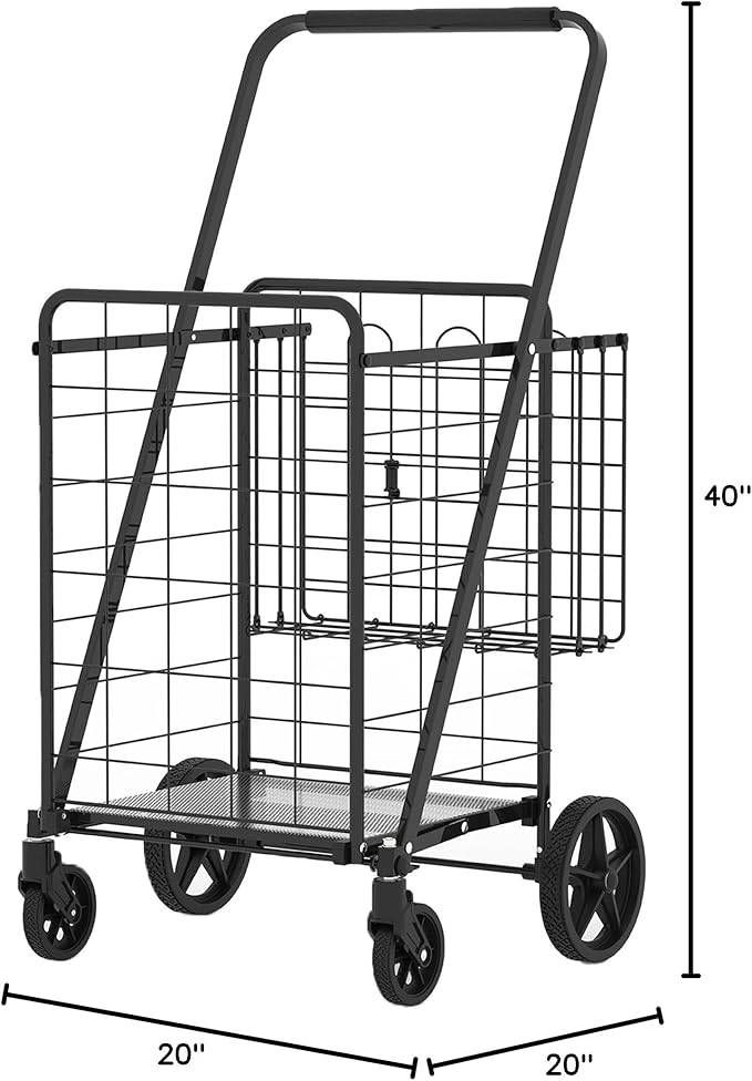 Folding Shopping Cart with Waterproof Bag, Grocery Cart with Encrypted Mesh Bottom, 23 Gal Double Basket & 360° Swivel Wheels, 260 Lbs Heavy Duty Shopping Carts for Groceries, Laundry