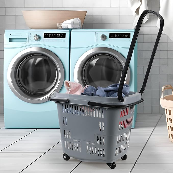 50 L Plastic Shopping Basket with Wheels, 4-Pack Large Rolling Shopping Basket with Handle, Grey