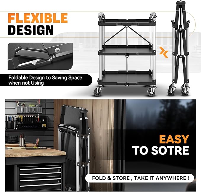 Auto Dynasty 3-Tier Folding Utility Cart with Wheels Lockable, 265LB Heavy Duty Collapsible Service Cart Foldable Rolling Carts for Home, Garage, Warehouses, Restaurants, Workshops