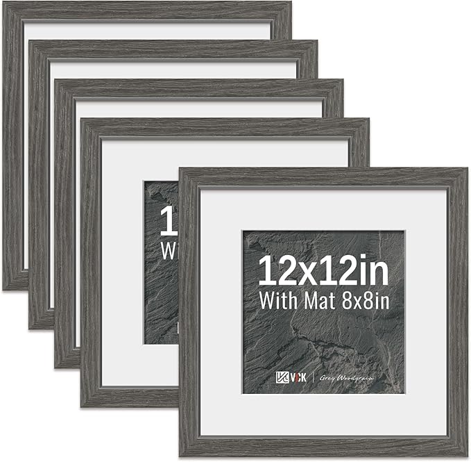 VCK 12x12 Picture Frame 5 Pack - Grey, High-End Wood Poster Frames with Tempered Glass, Display 8x8 Photo with Mat or 12x12 without Mat, Art Gallery-Quality, Wall Hanging, Grey