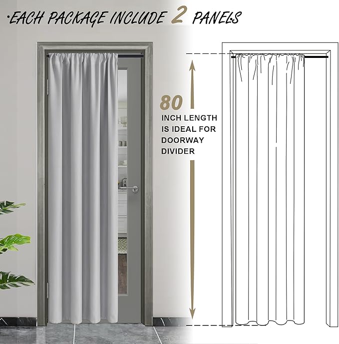 JIUZHEN 80 Inch Length Door Curtains for Doorway Privacy Insulated Blackout Curtains with Tiebacks Rod Pocket Room Divider Curtain Cover for Bedroom Closet Door, Set of 2, 42 x 80 Inch, Silver Grey