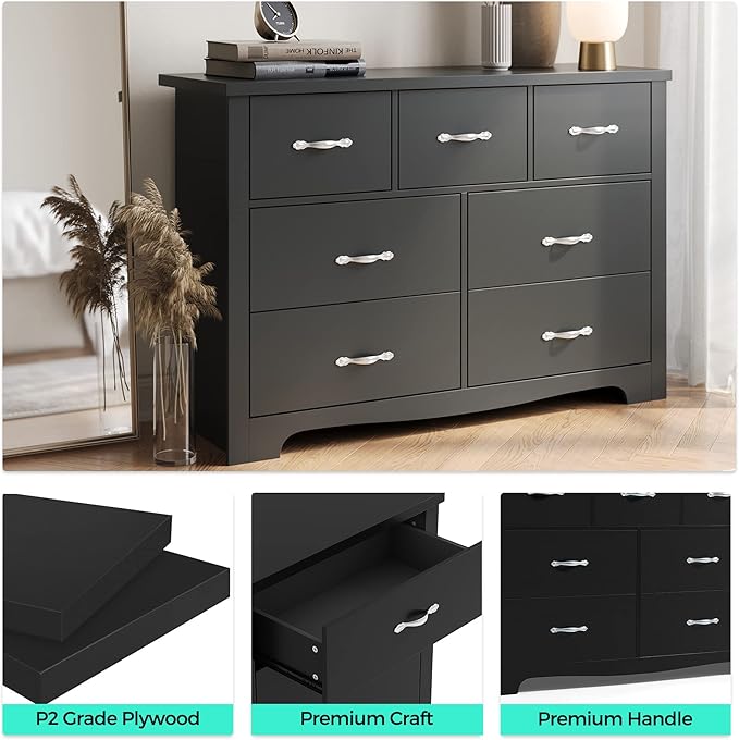 LINSY HOME 7 Drawers Dresser for Bedroom, Wood Bedroom Dressers Modern Drawer Chest, 7 Chest of Drawer, Tall Dresser for Closet, Dressers Organizer for Living Room, Closet, Hallway