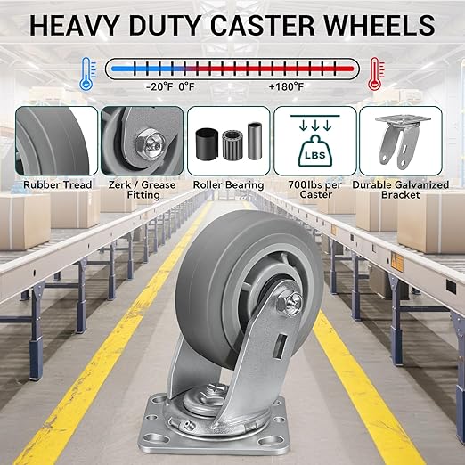 5'' × 2'' Caster Wheel, Heavy Duty Industrial Caster, Rubber Wheels with Roller Bearing, Load 700lbs per Swivel Casters for Cart Dolly Toolbox Trolley (1 Swivel)