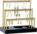 SANY DAYO HOME 3-Tier Earring Holder Organizer Stand, 105 Holes Gold Metal Earring Rack Jewelry Display Tree with Black Wood Tray for Women and Girls