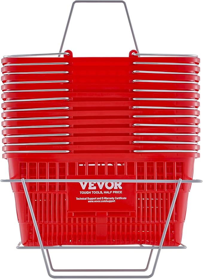 VEVOR Shopping Basket Set, 12 x 21L Durable Plastic Grocery Basket with Metal Handle and Stand, 16.73 x 12.01 x 8.58 inch Portable Shop Basket for Retail Store Supermarket Grocery Shopping, Red