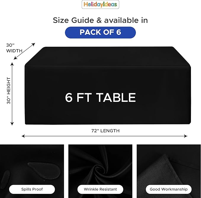 HolidayIdeas Fitted Black Rectangle Table Cloths 6ft Table Cover for Vendor Booth Display, Banquet, Trade Show,30x72 Inch, 6 Pcs