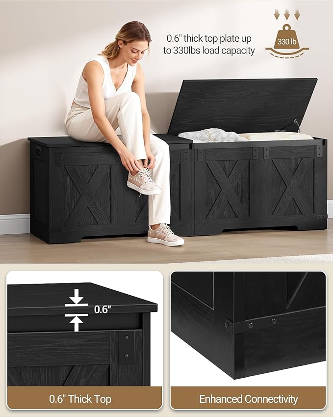 59" Storage Chest, Large Storage Trunk with 2 Hinges, Farmhouse Wooden Box Bench, Lift-Top Organizer Chest, Entryway Trunk for Bedroom, Living Room, Black SB15004X