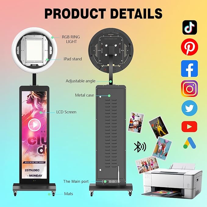 HARZHI LCD Screen Photo Booth, Compatible with Any Ipad, 1080P Intelligent Split Screen Ipad Photo Booth for Wedding Party Software APP Control Ring Light, 38'' Portable Flight Case Black