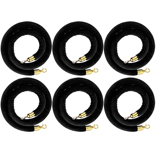 Woanger 6 Pack Velvet Stanchion Rope, 5 Feet Crowd Control Stanchion Ropes Safety Barrier with Gold Plated Hook for Carpet Events Movie Theaters Grand Openings Hotels Party(Black)