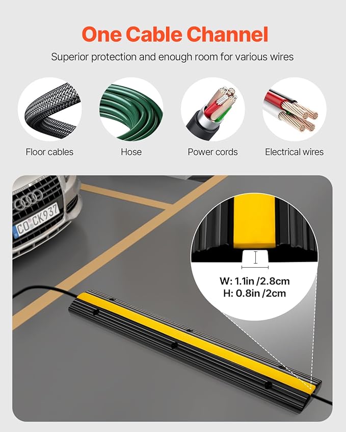 VEVOR 4 Pack of 1-Channel Rubber Cable Protector Ramps Heavy Duty 22046Lbs Load Capacity Cable Wire Cord Cover Ramp Speed Bump Driveway Hose Cable Ramp Protective Cover