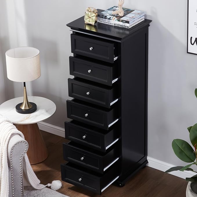 Tall Black Dresser for Bedroom with 7 Drawers, 52" Tall Modern Style Wooden Lingerie Chest with Crown Molding and Solid Wood Ball Legs, Anti-0xidation Zinc Alloy Knob(Black)