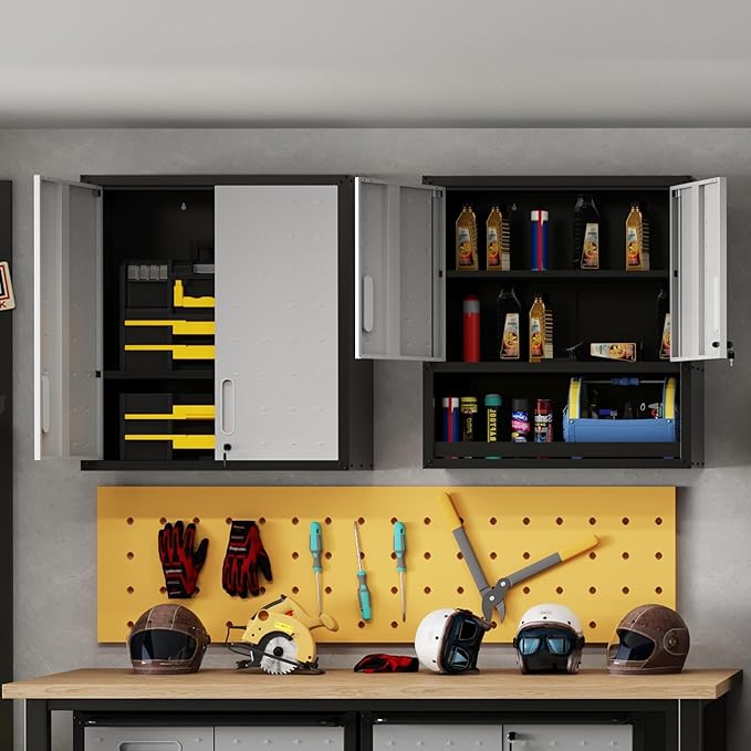 Garage Wall Cabinet Metal Storage Cabinet with Lock Wall Mounted Heavy Duty Steel Tool Cabinet with 2 Doors Hanging Cabinet for Garage Warehouse Bathroom Kitchen,Assembly Required