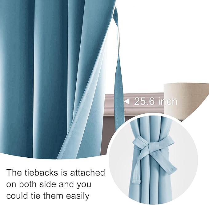 JIUZHEN Blackout Curtains for Bedroom - 70 x 84 Inch Extra Wide Privacy Assured Thermal Insulated Room Darkening Room Divider Curtain Cover for Living Room, Set of 2 Panels with Tiebacks,Light Blue