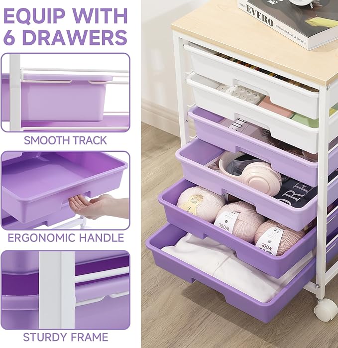 Rolling Cart with Drawers,Utility Cart with 6 Drawers,Rolling Storage Cart with Drawers and Wooden Tabletop & Lockable Wheel,Purple