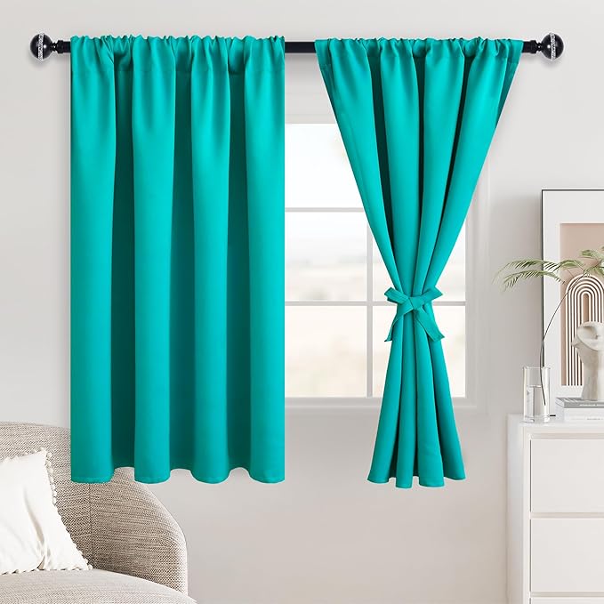 JIUZHEN Blackout Curtains - Thermal InsulatedSoundproof Energy Saving Light Blocking Short Curtain for Living Room,Bedroom, Set of 2 Panels with Tiebacks, 42 x 45 inches Long,Peacock Blue