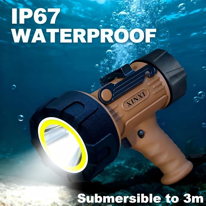 XINXI Rechargeable Spotlight 1,000,000 Lumens with COB Floodlight, IP67 Waterproof Spotlight Flashlight, Long Runtime Handheld Spot Light with Red Filter,Outdoor Spot Light for Hunting,Fishing(Brown)