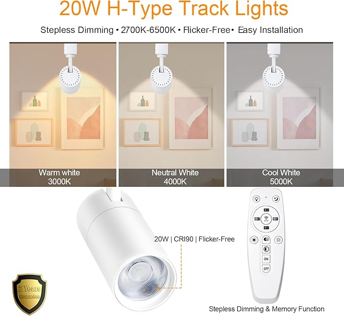 White 20W Track Lighting Heads,2700K-6500K Stepless Dimming H Type LED Track Light Heads Dimmable Rail Ceiling Spotlight Fixtures Accent,CRI90+ 24° 1800LM,4 Pack