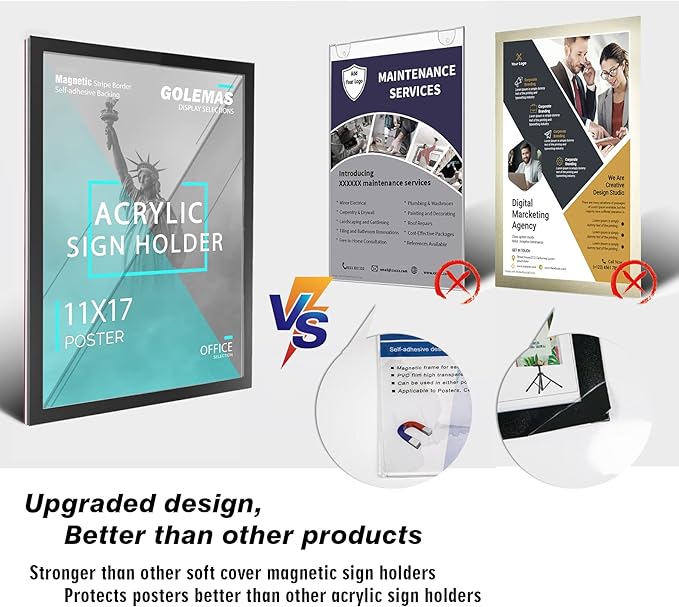 Acrylic Magnetic Sign Holder, Easy-Opening 11 x 17 Wall Mount Display Frames, Self Adhesive Back Plastic Clear Document Frame, Horizontal & Vertical Display (Black, 12Pack)