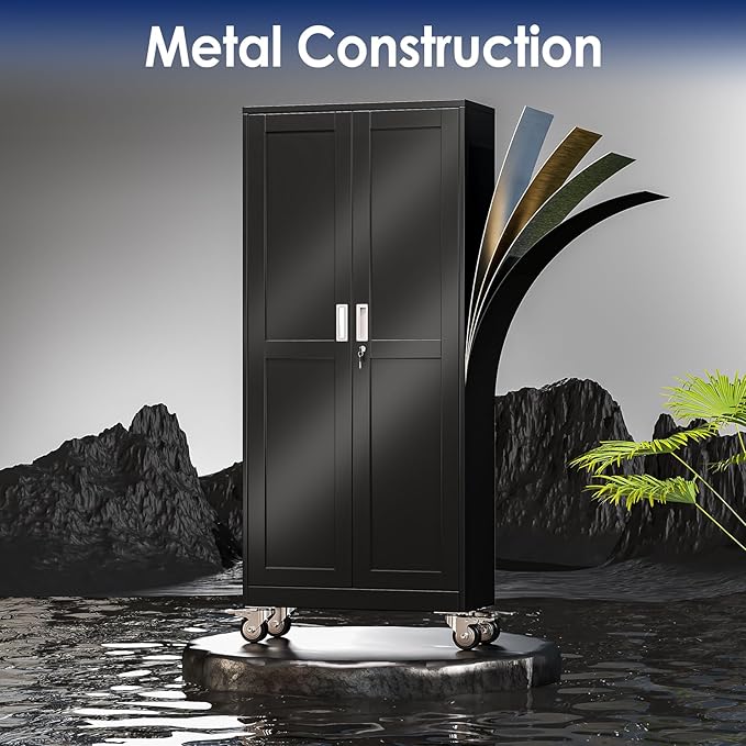 71" H Metal Garage Storage Cabinet, Rolling Tool Cabinet with 2 Doors and Wheels, Locker Steel Cabinet with 4 Adjustable Shelves, Organization Cabinet for Garage,Office,Home,Gym,School（Black）