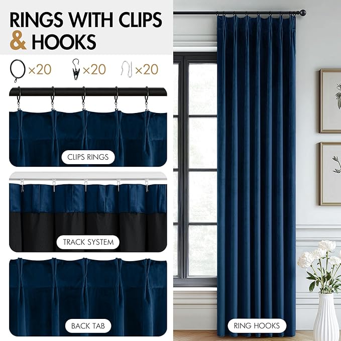 MIULEE Navy Blue Velvet Curtains 108 inches Long, Pinch Pleated Blackout Drapes with Hooks, Thermal Insulated Pinch Pleat Panels for Bedroom Living Room, 2 Panels
