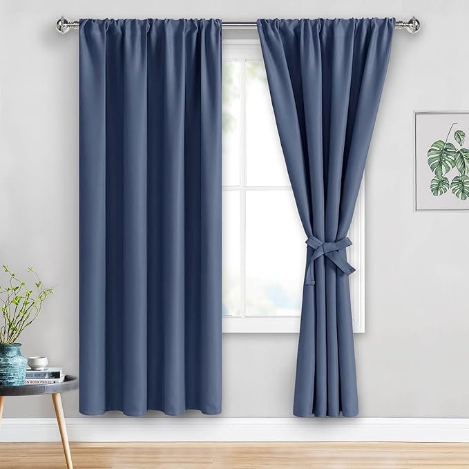 JIUZHEN Blackout Curtains for Bedroom - Thermal Insulated Room Darkening Rod Pocket Curtains for Living Room, Set of 2 Panels with Tiebacks, 52 x 72 Inch Length, Dusty Blue