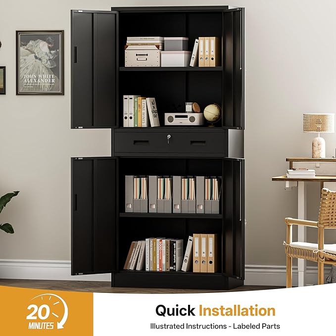 Metal Storage Cabinets with 1Drawer, 71" Storage Cabinet with 4 Locking Doors and 2 Adjustable Shelves, Steel Storage File Cabinet for Pantry Home, Kitchen, Office, Garage (Black)