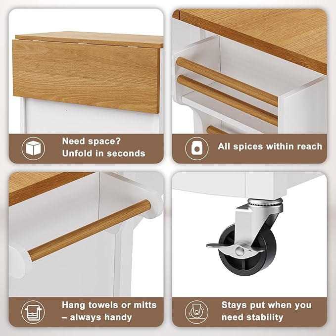52" Retro Kitchen Island with Storage, Embossed Texture Kitchen Island on Wheels with Drop Leaf, Adjustable Shelf & Oak Veneer Tabletop, Spice/Towel Rack, White