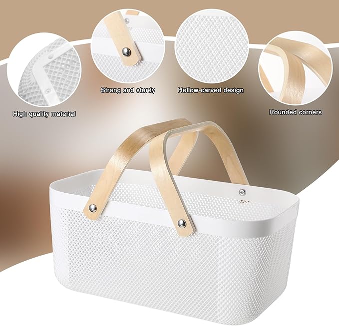 Sadnyy 4 Pcs Plastic Mesh Garden Harvest Basket Storage Basket with Wooden Handle Multi Functional Mesh Bin for Kitchen Cabinet Picnic Fruit Vegetable Gathering Organizer(Large, Small,White)