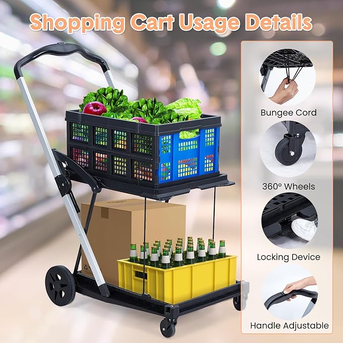 Foldable Shopping Cart with 2 Storage Crates – 2-Tier Collapsible Utility Cart, Aluminum Trolley with 360° Rolling Swivel Wheels & Removable Baskets for Groceries, Office, Travel, Apartment